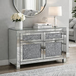 With 2 Draws & 2 Doors With Sparking Crystal Knobs With A Mirrored Top & Sides Filled With Shiny Crushed Crystals On The Front Facing Paneling.
Size: 100cm x 40cm x 80cm 