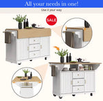 A white rolling kitchen island cart with a light wood top, shown in multiple views on a light beige background with a blue banner reading 'All your needs in one! Use it your way' and a red 'SALE' badge. The collage includes a main product view, a close-up of the fold-down top, and a view showing the lower storage compartment opened.