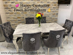 A Luxurious Rectangular Grey Marble Dining Table, Supported With Strikingly Steel Polished Chrome Legs This Stunning Feature To Place In Your Spectacular Dining Area .
Elegant Seating Up To 6 People With These Immaculately Designed Lion Knocker Back, Velvet Dining Chairs Available In 2 Options In Choice Of Colour Grey Velvet & Cream Velvet Both Beautifully Detailed ..