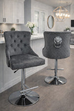 Grey Velvet Bar Stool With Lion Knocker Back