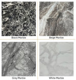 Four marble slab swatches arranged in a 2x2 grid with labels: Black Marble, Beige Marble, Grey Marble, and White Marble. The top-left panel shows a dark marbled pattern, the top-right a beige and brown marbled pattern, the bottom-left a gray marbled pattern, and the bottom-right a very light white marble pattern.