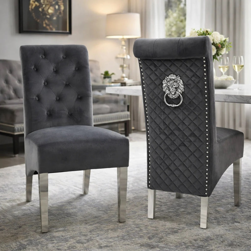 Grey High-back Chair With Lion Knocker Back