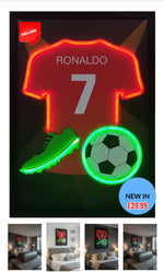 Ronaldo_7_Neon_LED_Canvas_Wall_Art_A neon-style wall sign featuring a red soccer jersey with the name RONALDO and number 7, a green soccer cleat, and a green-outlined soccer ball on a dark background. The main sign is shown above a row of smaller bedroom mockups displaying the sign in use.