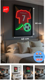 Ronaldo_7_Neon_LED_Canvas_Wall_Art_Framed neon-style wall art showing a red soccer jersey with the number 7, a green cleat, and a green soccer ball on a black background, displayed above a bed in a bedroom. White arrows indicate 60 cm height and 40 cm width, with a red 'SELLING' badge and a blue 'NEW IN £39.
