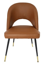 Brown leather chair with black legs and gold accents on a white background