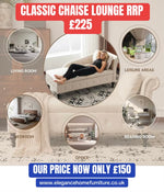 Promotional graphic for a classic chaise lounge chair, showing a woman reclining on a cream-colored chaise lounge in the center. Five circular inset images demonstrate the lounge in different settings: living room, leisure areas, bedroom, office, and reading room.