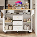 A white rolling kitchen cart with an open top shelf and two lower cabinet doors, shown styled with dishes, bottles, and appliances in a kitchen setting. A colorful 'SPECIAL OFFER' banner is overlaid near the top.