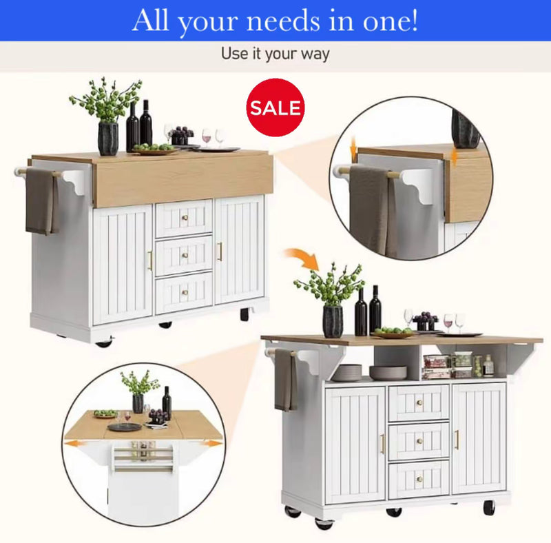 A white rolling kitchen island cart with a light wood top, shown in multiple views on a light beige background with a blue banner reading 'All your needs in one! Use it your way' and a red 'SALE' badge. The collage includes a main product view, a close-up of the fold-down top, and a view showing the lower storage compartment opened.