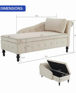 A chaise lounge bench in light beige upholstery with dimension callouts showing width, depth, height, and seat length. A smaller inset at bottom right shows the storage compartment opened, with additional measurements.