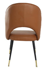 Brown leather chair with black legs and gold accents on a white background