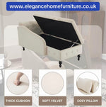 A cream upholstered lift-up storage armchair shown open, with three inset circles below highlighting thick cushion, soft velvet texture, and a cozy pillow. A blue banner at the top reads www.