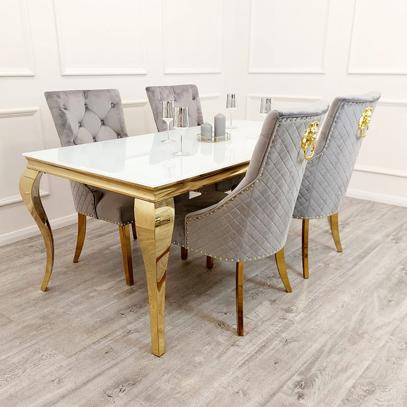 Louis White Glass Gold Dining Set With Light Grey Majestic Chairs