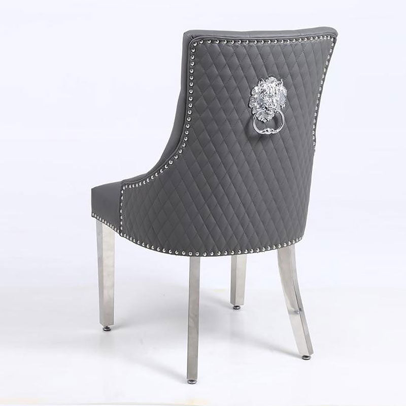 Grey Leather Lion Knocker Back Chairs