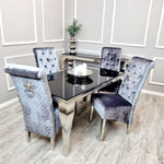 Louis 1.4 Glass (Black/Grey) Dining Set With 4 Highback Lion Knockerback Chairs