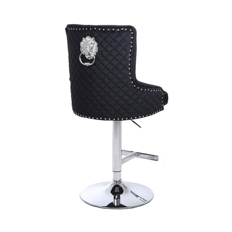 Luxury Black Bar Stool With Lion Knocker Back, Chrome Legs