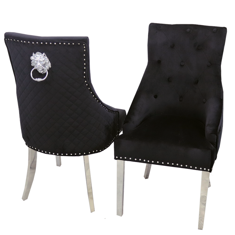 Luxury Black Chair, Chrome Legs With Lion Knocker Back