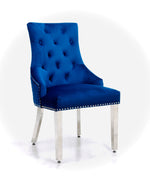 Luxury Blue Chair, Chrome Legs With Lion Knocker Back