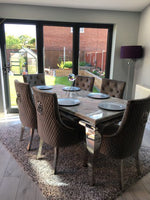 A Luxurious Rectangular Grey Marble Dining Table, Supported With Strikingly Steel Polished Chrome Legs This Stunning Feature To Place In Your Spectacular Dining Area .
Elegant Seating Up To 6 People With These Immaculately Designed Lion Knocker Back, Velvet Dining Chairs Available In 2 Options In Choice Of Colour Grey Velvet &amp; Cream Velvet Both Beautifully Detailed ..
Dining Table Size - 1.8cm x 90cm x 75cm
Dining Chairs Sizes - Height 90cm x 54cm