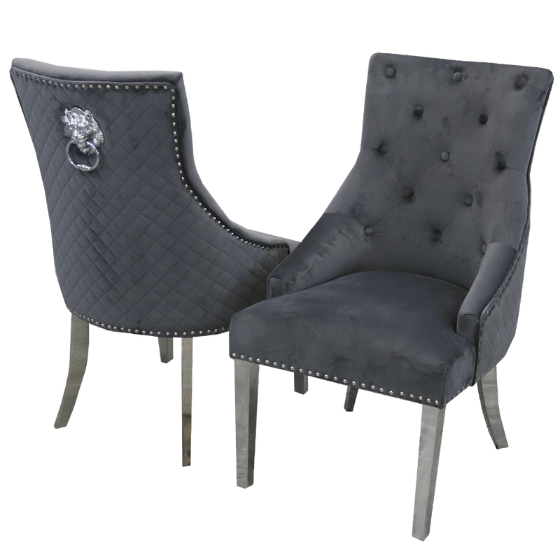 Luxury Grey Chair, Chrome Legs With Lion Knocker Back