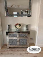 With 2 Draws &amp; 2 Doors With Sparking Crystal Knobs With A Mirrored Top &amp; Sides Filled With Shiny Crushed Crystals On The Front Facing Paneling.&nbsp;

Size: 100cm x 40cm x 80cm&nbsp;