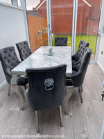 A Luxurious Rectangular Grey Marble Dining Table, Supported With Strikingly Steel Polished Chrome Legs This Stunning Feature To Place In Your Spectacular Dining Area .
Elegant Seating Up To 6 People With These Immaculately Designed Lion Knocker Back, Velvet Dining Chairs Available In 2 Options In Choice Of Colour Grey Velvet &amp; Cream Velvet Both Beautifully Detailed ..
Dining Table Size - 1.8cm x 90cm x 75cm
Dining Chairs Sizes - Height 90cm x 54cm