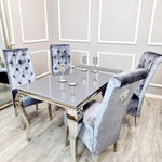 Louis 1.4 Glass (Black/Grey) Dining Set With 4 Highback Lion Knockerback Chairs